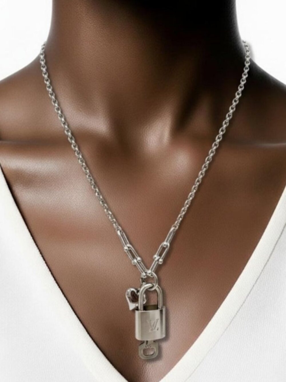 Authentic Louis Vuitton Padlock w/Unbranded Stainless Steel Plated Silver Chain